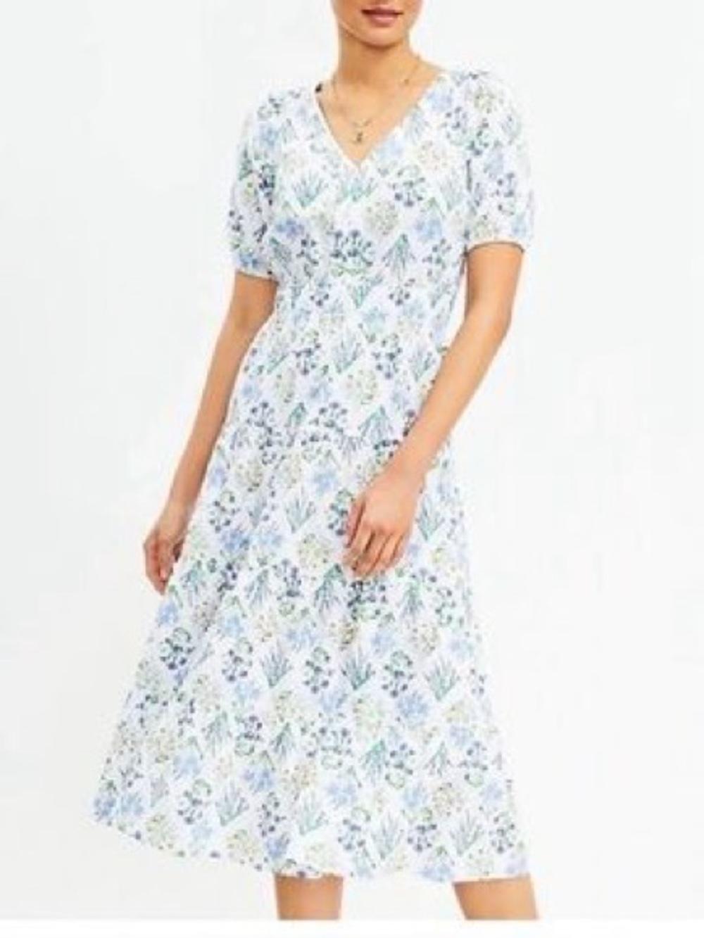LOFT Floral V-Neck Midi Dress in Light Blue and White